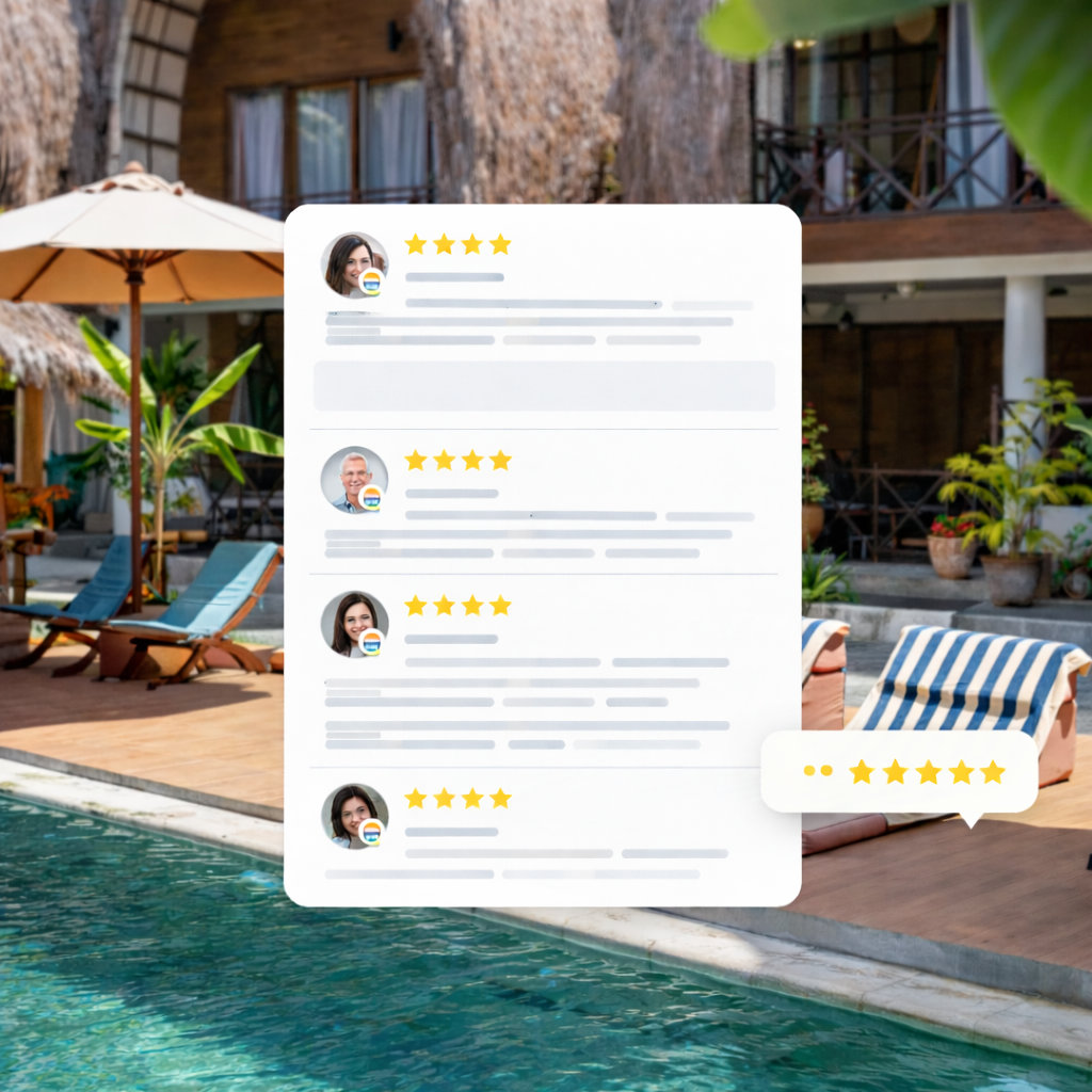 Outdoor pool area with lounge chairs and umbrella, overlaid by a translucent customer reviews panel showing multiple 5-star ratings.