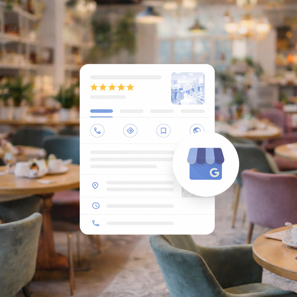 Blurry café interior with a superimposed Google Business Profile interface showing a 5-star rating and business details.
