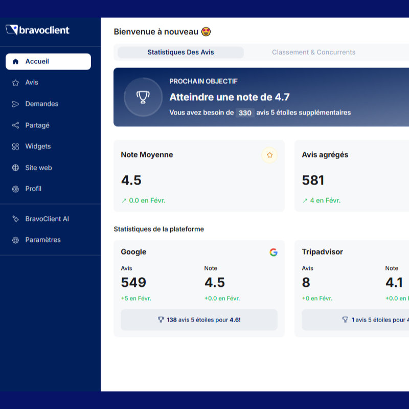 BravoClient dashboard showing average rating of 4.5 from 581 reviews, with detailed stats from Google and Tripadvisor platforms.